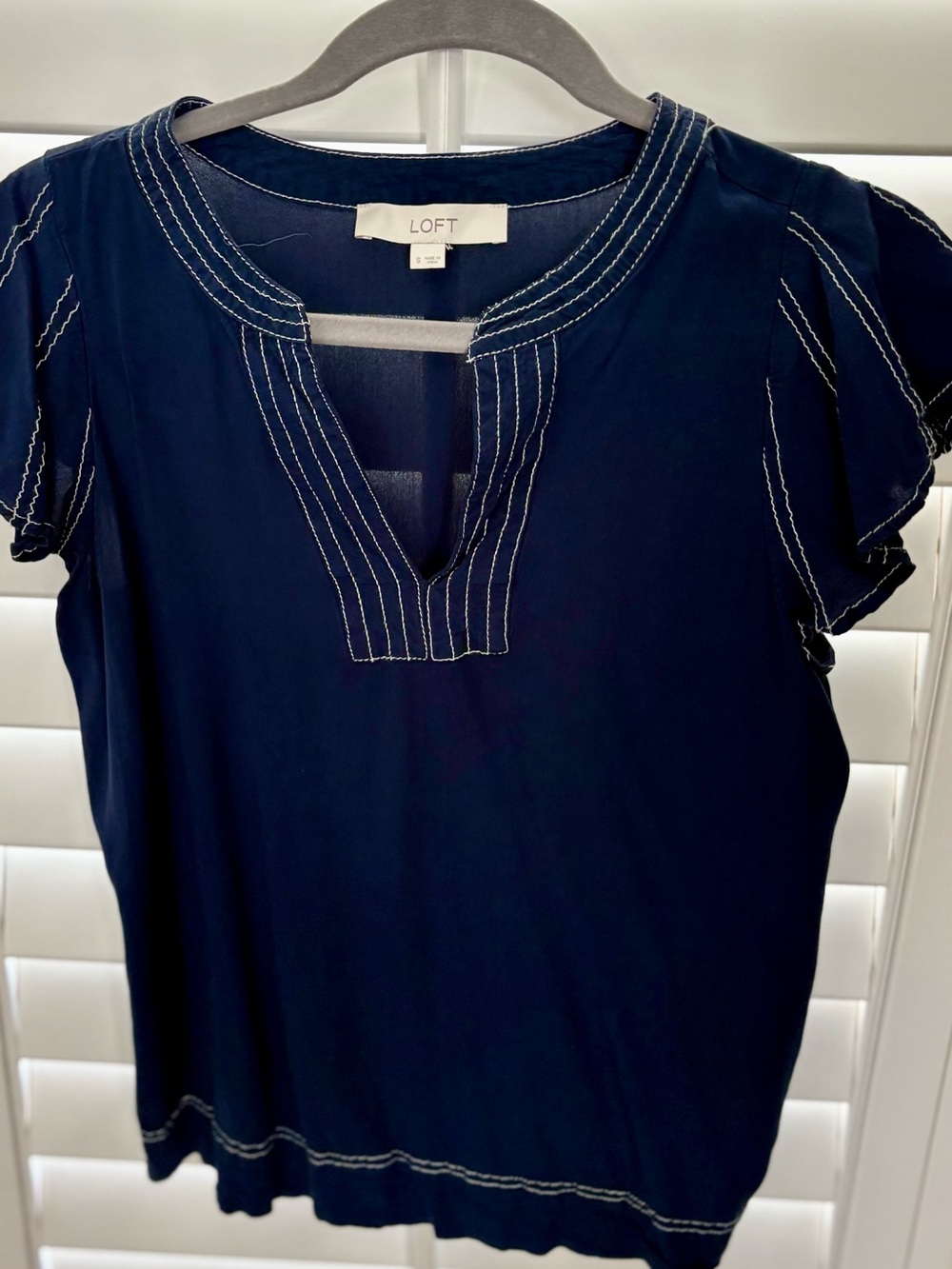 LOFT Navy Short-Sleeve Top with White Contrast Stitching
